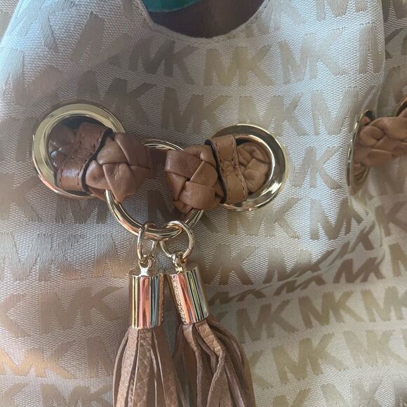 Michael Kors Logo Hobo Tote Shoulder Bag –Braided Grommet Handle Beige Canvas - Picture 10 of 13